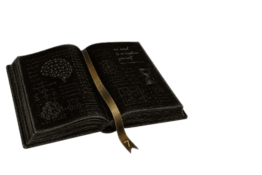 Engraved open book with a glowing gold ribbon bookmark marked 7, its pages filled with diagrams and the handwritten words: no need to re-explain yourself