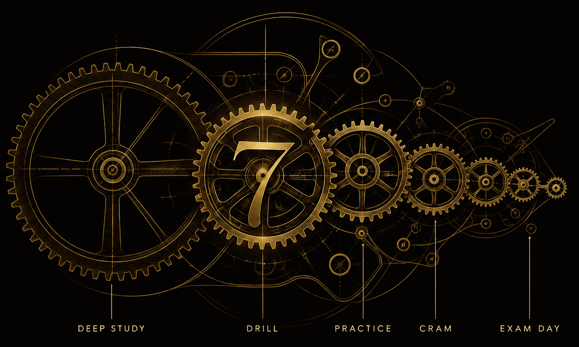 Fine-line gold watch gears labelled Deep Study, Drill, Practice, Cram and Exam Day, with a 7 at the centre of the largest driving gear
